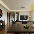 Modern Living and Dining Room With Black Sofa Gray Pillows Wooden Coffee Table Pendant Lights