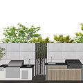 Outdoor Kitchen Area Featuring Grill Sink Cabinets And Green Plants Under Blue Sky