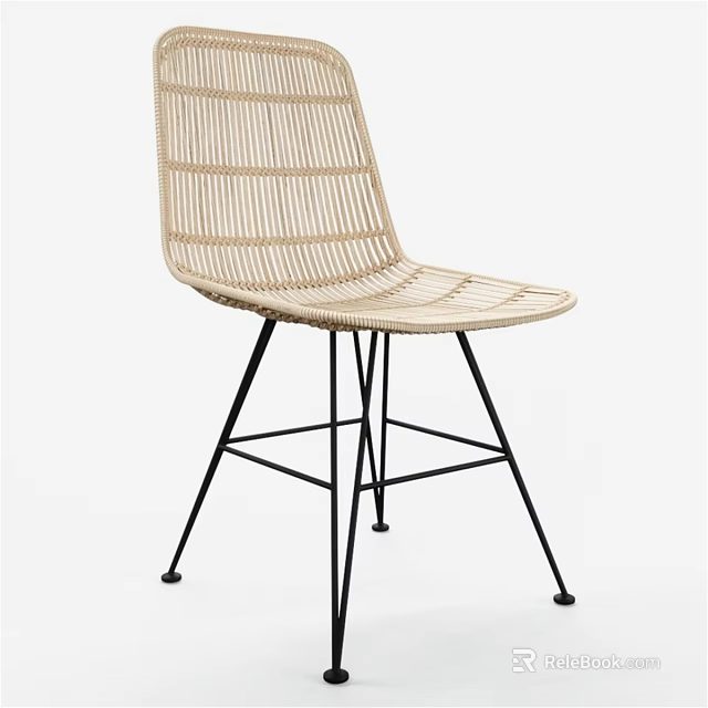 Modern Rattan Single Chair With Woven Seat And Black Metal Slim Legs 3d model 
