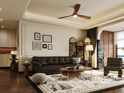 Elegant Vintage Living Room With Dark Leather Sofa Wooden Coffee Table And Beautiful Wall Decor 3d model