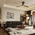 Elegant Vintage Living Room With Dark Leather Sofa Wooden Coffee Table And Beautiful Wall Decor