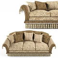Classic Three Seater Sofa With Beige Upholstery And Brown Cushions Tassel Trim