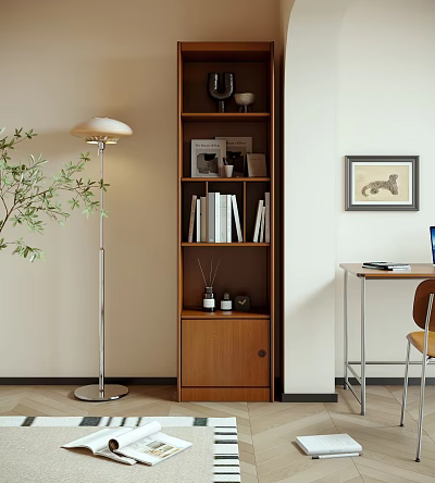 Wooden Bookcase With Books Floor Lamp And Potted Plant In Modern Home Office 3d model
