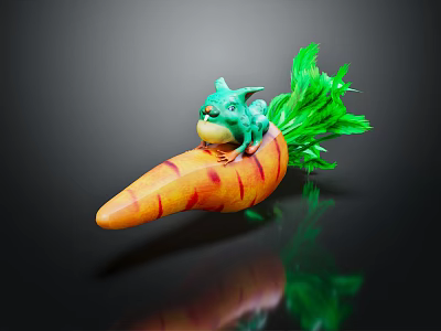 Small Green Game Character Sitting On Orange Carrot With Green Leaves 3d model