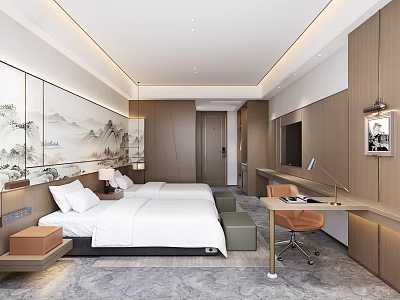 Modern Hotel Room Interior With Double Bed Work Desk TV And Decorative Painting 3d model