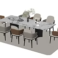 Elegant Dining Table Set With Marble Tabletop Beige Brown Chairs And Potted Plant 3d model