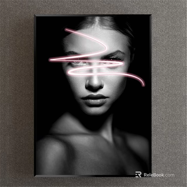 Black and White Portrait of a Woman with Pink Neon Light Streaks on Her Face 3d model 
