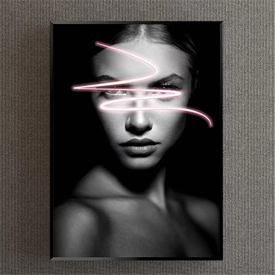 Black and White Portrait of a Woman with Pink Neon Light Streaks on Her Face 3d model