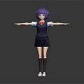 Anime Game Character With Purple Hair Dark Blue School Uniform Red Bow Tie Arms Outstretched