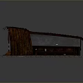 Ancient Traditional Building Model with Curved Thatched Roof Wooden Structure Stone Steps and Red Flags