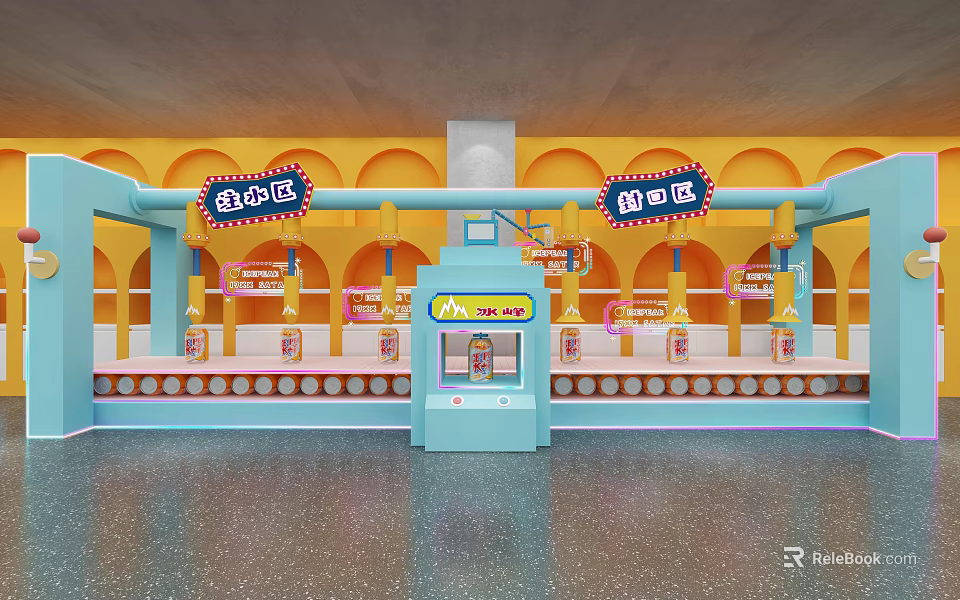 Vibrant Orange Blue Bakery Station Interior With Display Counter And Signs 3d model 