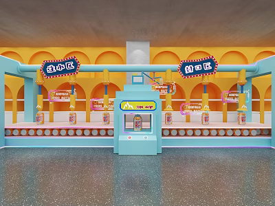 Vibrant Orange Blue Bakery Station Interior With Display Counter And Signs 3d model