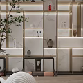 Modern Teahouse Interior With Long Wooden Table Decorative Paintings And Hanging Lamp