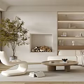 Modern Living Room Interior With White Sofa Coffee Table Fireplace Bookshelf And Indoor Plant