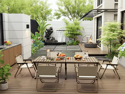 Modern Outdoor Garden With Dining Table Chairs Fruits Plants Fountain And Sculpture 3d model
