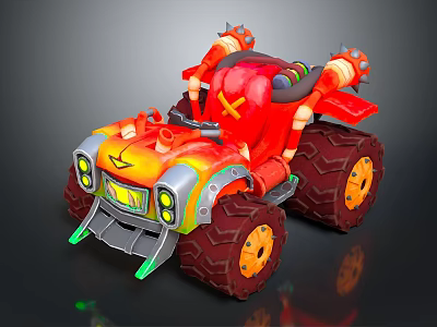 Red Cartoon Off Road Vehicle with Large Tires Orange Green Accents and Spikes 3d model