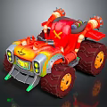 Red Cartoon Off Road Vehicle with Large Tires Orange Green Accents and Spikes