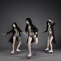Young Woman In Black Coat And Gray Shorts Riding Skateboard With Different Poses