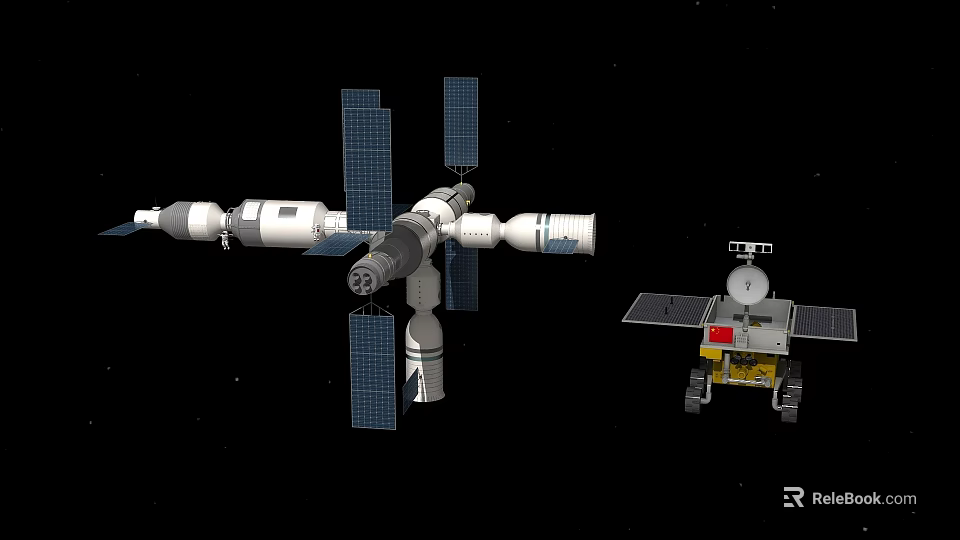 Cartoon Space Scene With Large Space Station Blue Solar Panels And Small Lunar Rover 3d model 