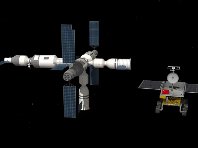 Cartoon Space Scene With Large Space Station Blue Solar Panels And Small Lunar Rover 3d model