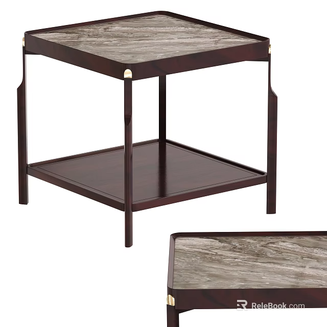 Stylish Dark Wood Corner Table With Marble Top And Lower Shelf Design 3d model