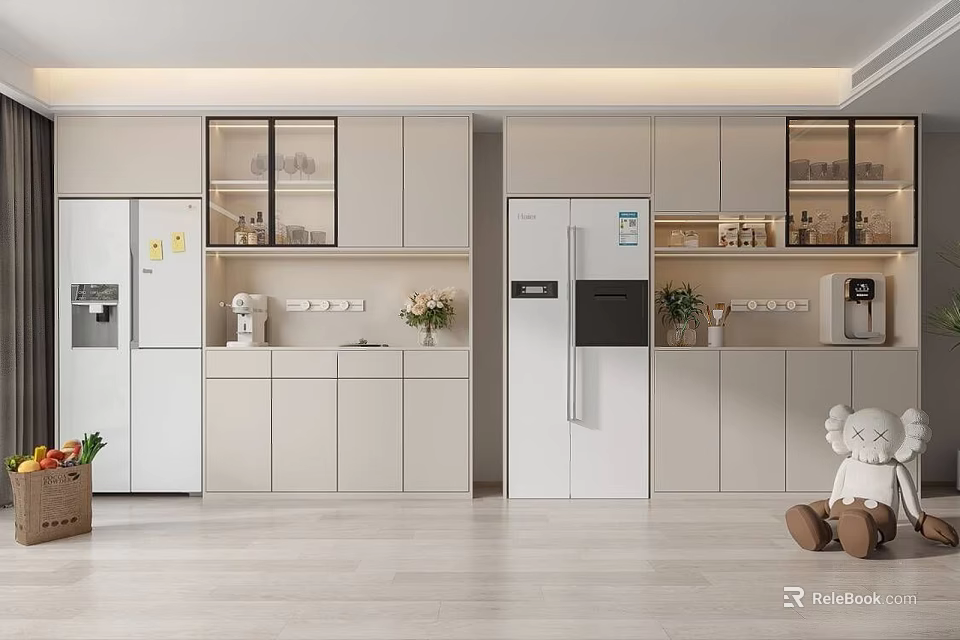 Elegant Modern Kitchen Sideboard With Glass Cabinets Marble Top And Decorative Appliances 3d model 