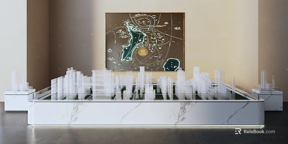 Commercial Equipment For Building Model Display With Marble Stand And Map Background 3d model 