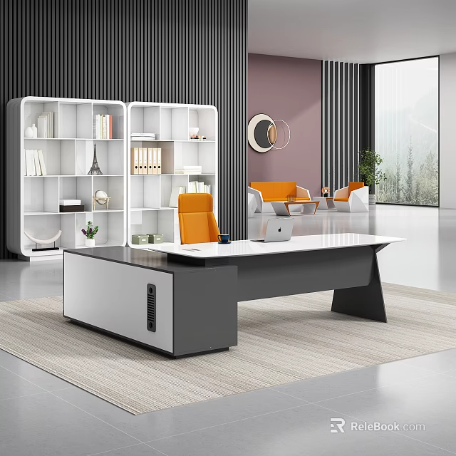 Modern Office Desk With White Bookshelf Books Eiffel Tower Model And Orange Chair 3d model 