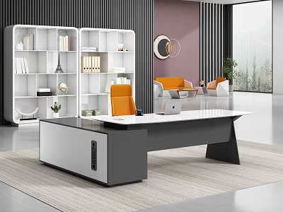 Modern Office Desk With White Bookshelf Books Eiffel Tower Model And Orange Chair 3d model
