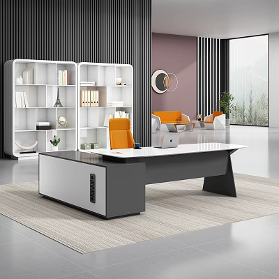 Modern Office Desk With White Bookshelf Books Eiffel Tower Model And Orange Chair 3d model