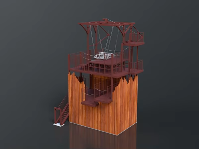 Unique Wooden Multi Level Building With Staircase Railing And Swing Chairs 3d model