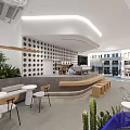Lucky Coffee Cafe Modern Interior With Bookshelves Round Wooden Tables Chairs And White Pendant Lights