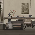 Traditional Tea Table and Chairs with Ceramic Vase Tea Set Plant Rug and Decorative Painting