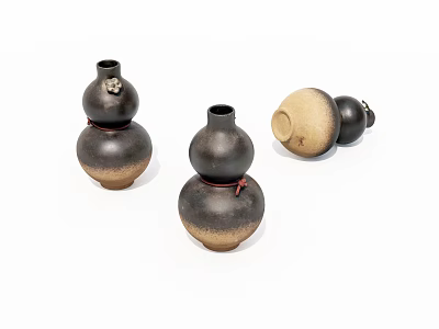 Three Gourd Shaped Ceramic Vases With Brown Black Hues And Red Accents 3d model