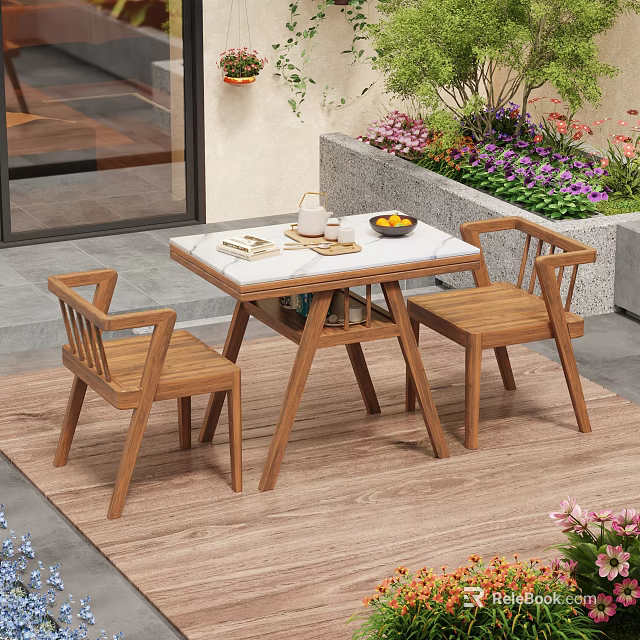 Outdoor Table with Marble Top and Two Wooden Chairs in Garden with Flowers 3d model 