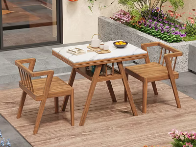 Outdoor Table with Marble Top and Two Wooden Chairs in Garden with Flowers 3d model