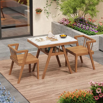 Outdoor Table with Marble Top and Two Wooden Chairs in Garden with Flowers 3d model