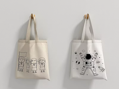 Canvas Tote Bags With Cartoon Characters And Astronaut Space Design Prints 3d model