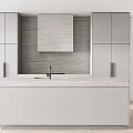 Modern Kitchen Interior With White Cabinets Marble Island And Textured Wall