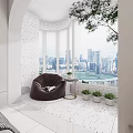 Modern Apartment Living Room With Light Sofa Round Ottomans And City View Window
