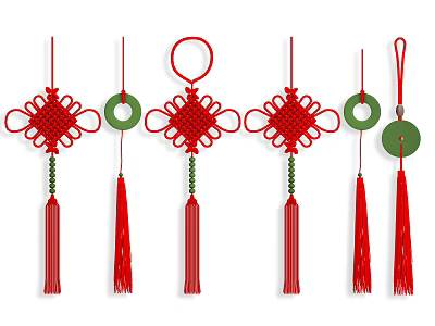 Traditional Red Chinese Knot Hanging Ornaments With Green Circular Discs And Red Tassels 3d model
