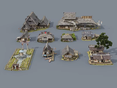 Traditional Wooden House Models With Various Roof Designs And Small Decorative Elements 3d model