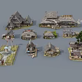 Traditional Wooden House Models With Various Roof Designs And Small Decorative Elements