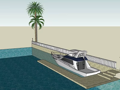 Yacht Moored At Dock With Palm Tree Railing And Water 3d model
