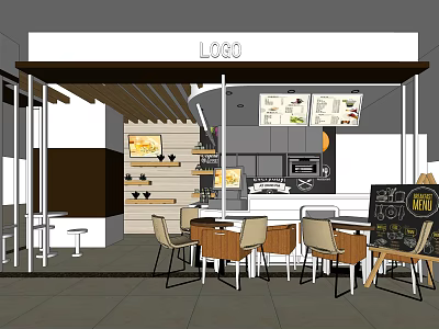 Modern Bubble Tea Shop Interior With Tables Chairs Menu Board And Shelves 3d model