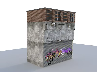 Old Urban Building With Weathered Gray Roller Shutter Colorful Graffiti Red Brick Upper Floor Windows 3d model