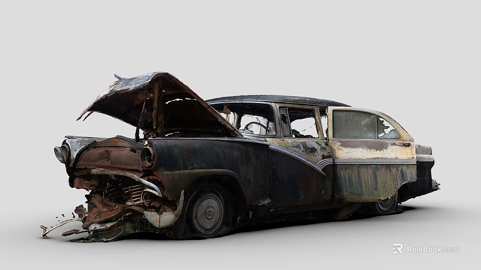 Rusted Abandoned Old Car With Open Hood Broken Windows And Damaged Body 3d model 