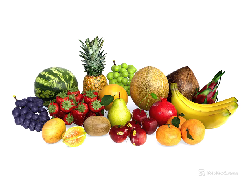 Assorted Fresh Fruits Including Watermelon Pineapple Grapes And Bananas On White Background 3d model 