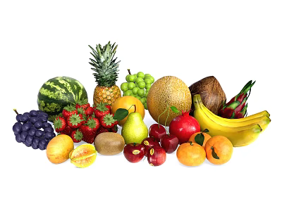 Assorted Fresh Fruits Including Watermelon Pineapple Grapes And Bananas On White Background 3d model