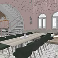 Café Interior With Pink Walls Hanging Decorations Staircase Green Chairs And Long Table